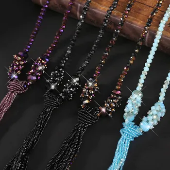 

New Fashion Crystal Long Necklace Tassel Necklace Black Beads Chain Necklace Gifts Jewelry Tassel Chain Choker For Women N-036
