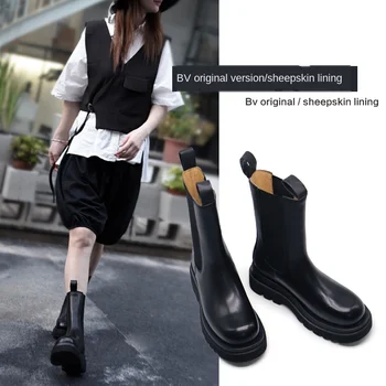 

Artmu Original Women's Boots Mid-Calf Thick Sole Chelsea Boots Genuine Leather England-Style Martin Boots Black Handmade Boots