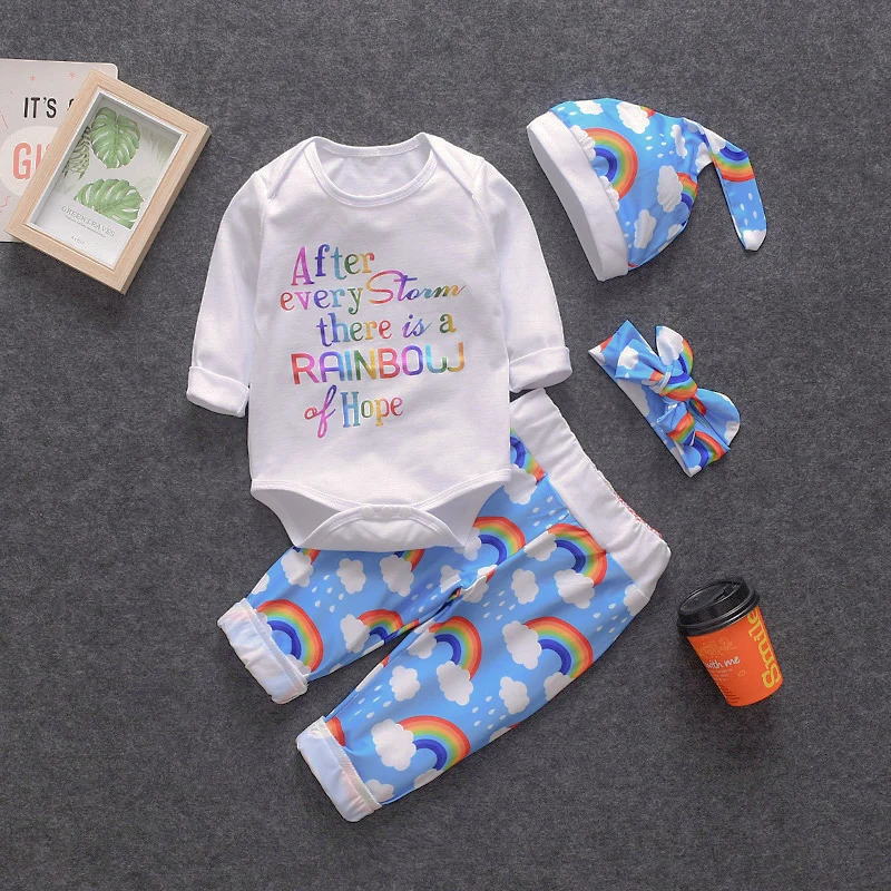 

PatPat 2020 New Spring and Summer Color Letter Printed Long Sleeve Romper + Rainbow Print Pants Four Pieces for Baby Toddler Boy