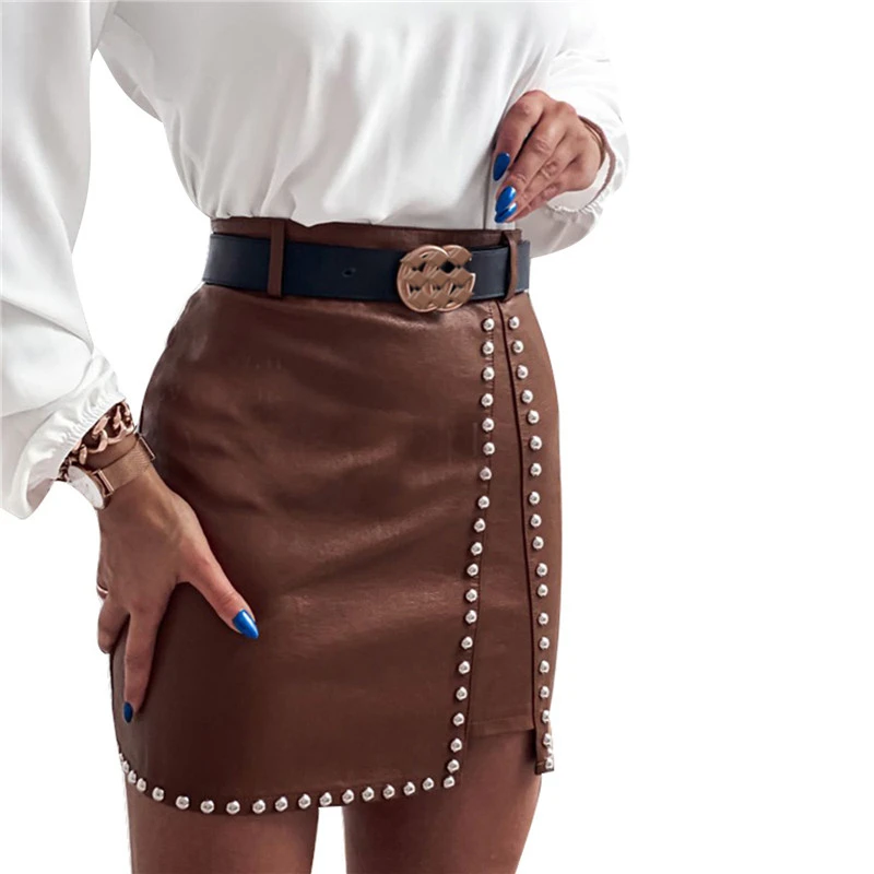 

PD Women Sexy Mini Skirt Vintage Adults Ladies Leather Skirt with Decorative Rhinestones High Waist Skirts Falda Mujer