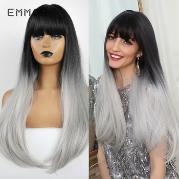 

EMMOR Long Synthetic Wigs with Bangs Natural Headline Heat Resistant Black to Ash White OmbreHair Wigs for Women
