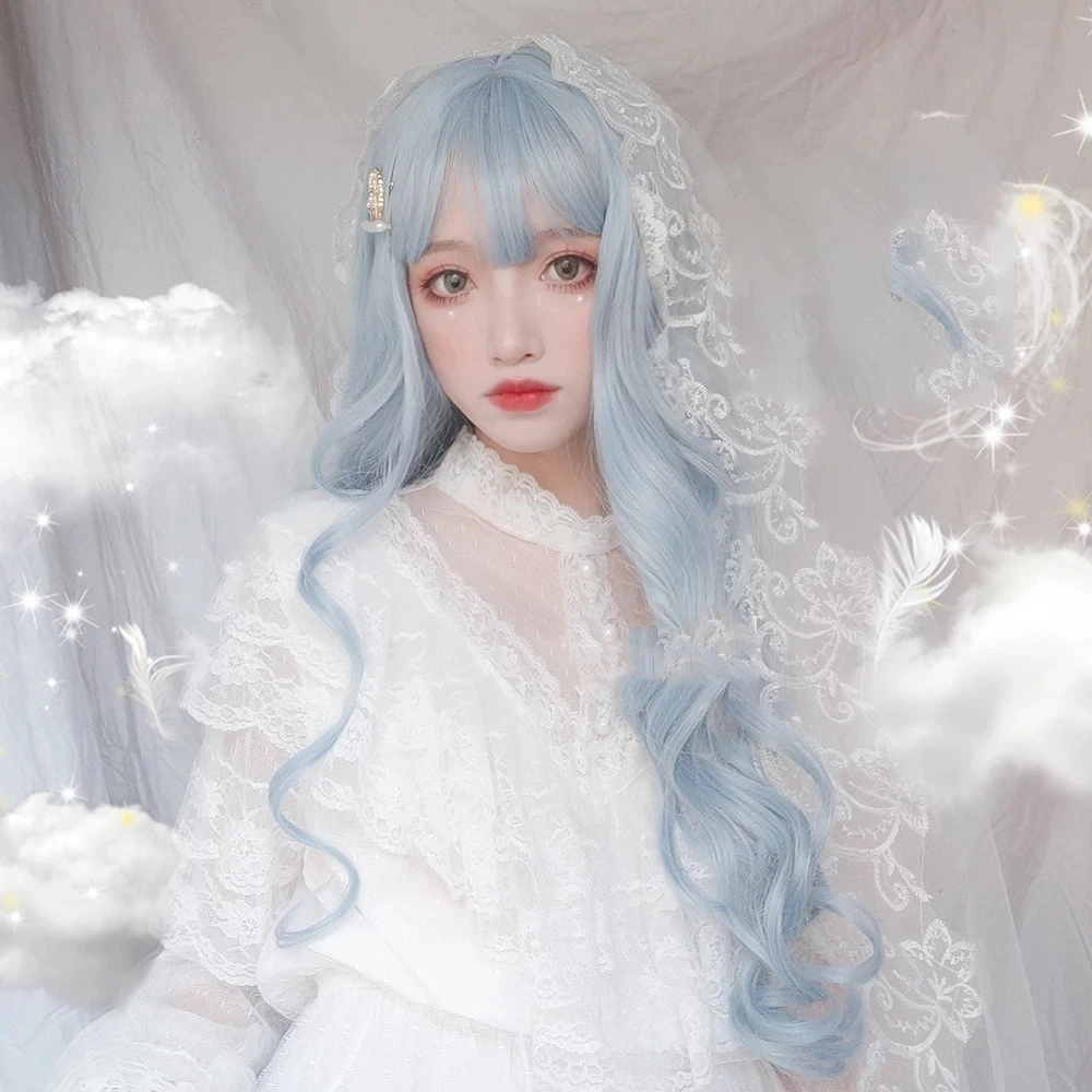 

Synthetic Lolita Wig Long Curly Blue Ombre Bangs Azure Cute Party Cosplay Women MUMUP
