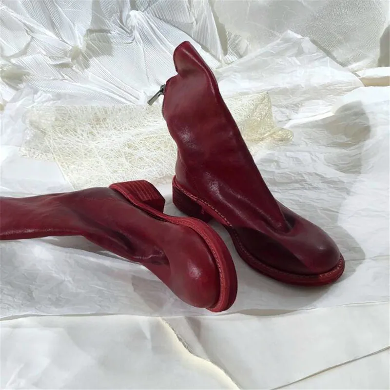 Кожаные сапоги в богемном стиле с молнией сзади; удобная зимняя обувь на плоской подошве с круглым носком; женские ботильоны с высоким голенищем; цвет белый, черный, красный