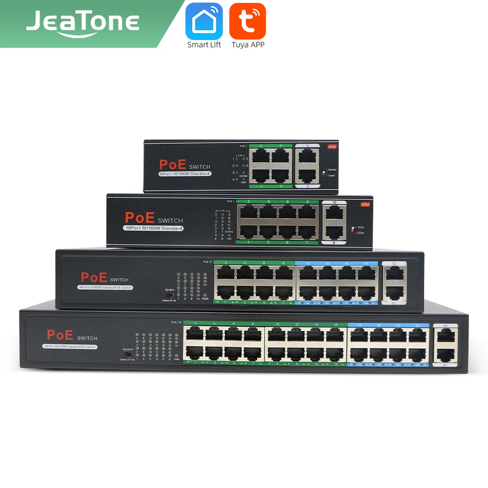 Jeatone-interruptor divisor Ethernet de 2 puertos con 8 puertos PoE + 2-Uplink 10/250 Mbps para cámara IP/videoportero, 16/24 m, 4/8/100 +