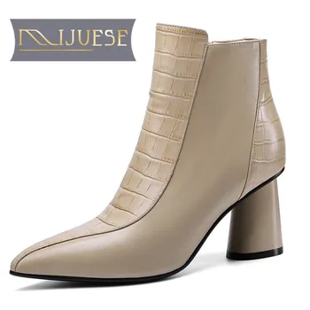 

MLJUESE 2021 women Ankle boots Cow leather Winter short plush Pointed Toe Zipper High heels female boots size 41