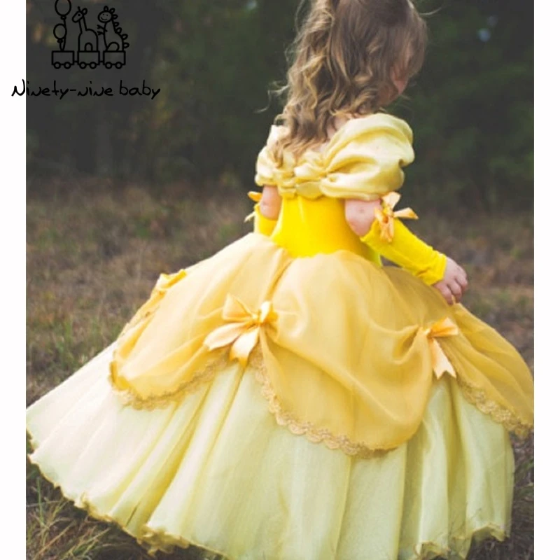 New Girls Belle Princess Dress Cosplay Costume Birthday Party Clothes Children Halloween Long Gown Beauty and the Beast Costume