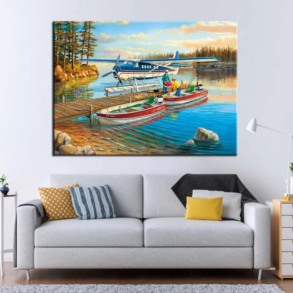 5D Diamond Embroidery Boat Lake Plane Landscape Handmade Diamond Painting Scenery Needlework Cross Stitch Home Decor