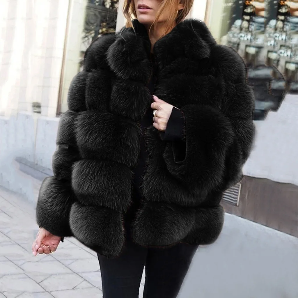 Women Winter Top Fashion Fur Coat Elegant Thick Warm Outerwear Fake Fur Jacket - Цвет: Черный