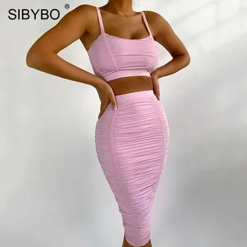 

SIBYBO Spaghetti Strap Pleated Sexy Two Piece Set Dress Women Sleeveless High Waist Summer Bodycon Dress Backless Party Dress
