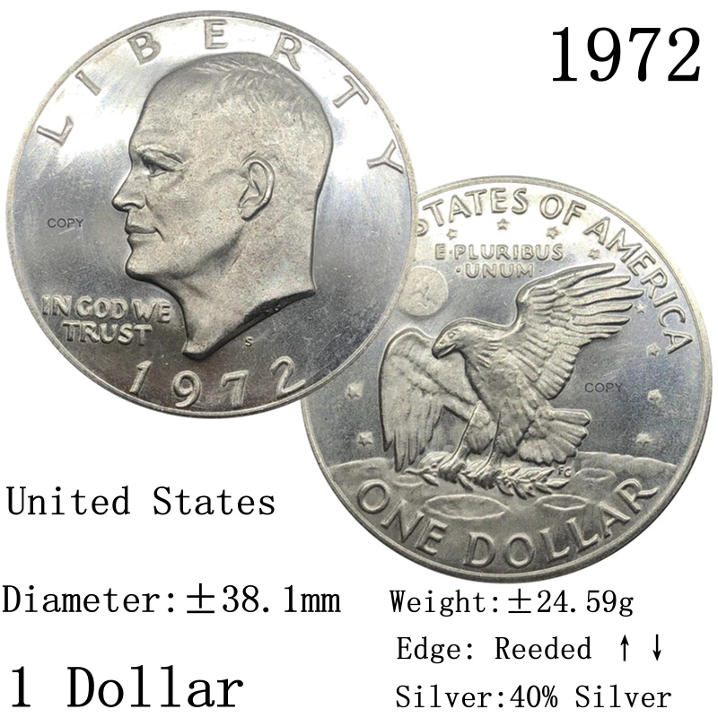 United States Of America 1972 S EISENHOWER Liberty 1 One Dollar 40% Silver Copy Coin In God We Trust Eagle Reverse Replica Coins | Дом и сад