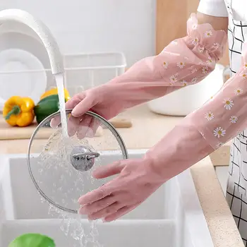 

1 Pair Long Cuff Kitchen Washing Gloves Waterproof Non-skid Cleaning Gloves Dishwashing Scrubber Household Cleaning Tools