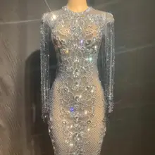 Блестящие Серебристые стразы, черное платье с бахромой, платье для дня рождения, платье для выпускного вечера, женское платье для танцев, YOUDU