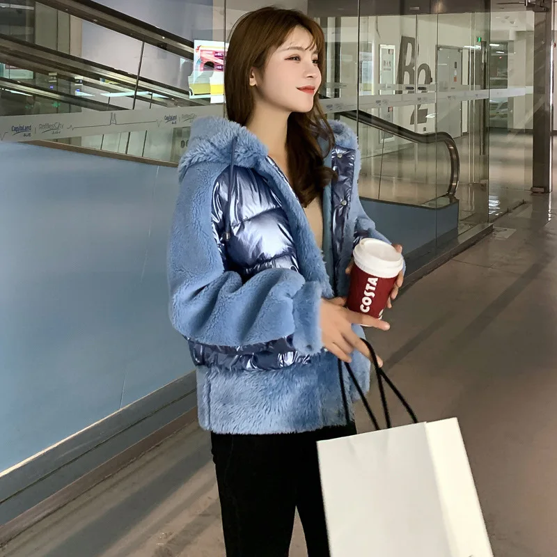 New Style Bright Surface Joint Lambs Wool Short Fur Thick ke li rong Locomotive Cotton Coat