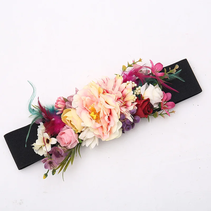 

New style feather super wide belt waist cover cross-border special for bridal flower elastic woven belt accessories