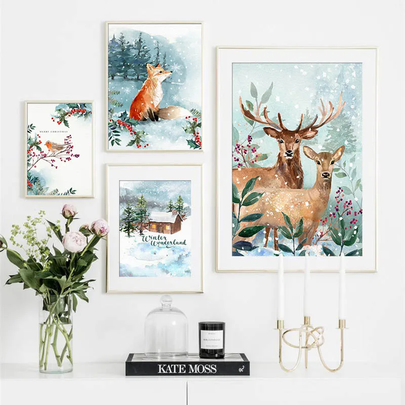 Christmas-Snow-Landscape-Animal-Silhouettes-Elk-Bird-Fox-And-Flower-Canvas-Painting-Wall-Pictures-Posters-Living (1)
