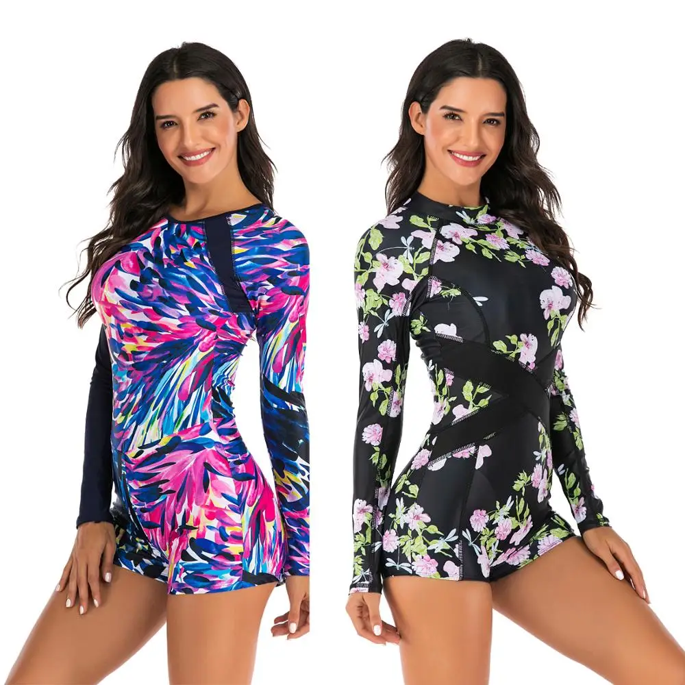 Новинка 2020 Цельный купальник для дайвинга с принтом длинным рукавом женский