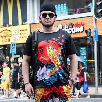 

Carp lotus print large size short-sleeved T-shirt male fat looseincrease quick-drying men's clothing