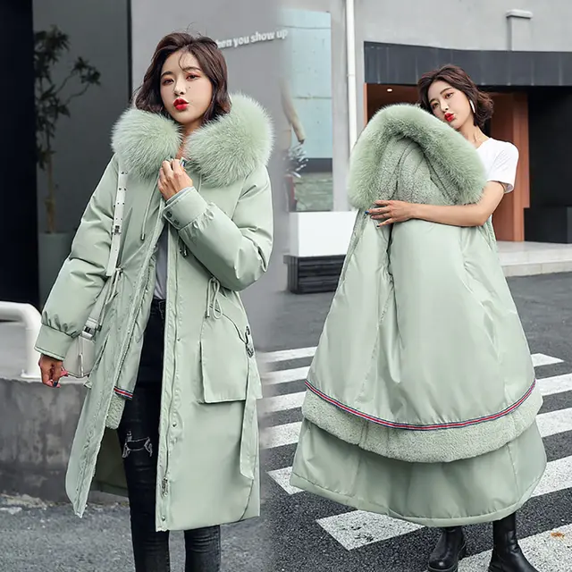 Vielleicht -30 Degrees Women Jacket Long Parkas Female Coat Winter Warm Removable Fur Lining Hooded Winter Jacket Women Outwear Light Green