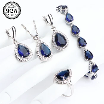 

925 Sterling Silver Women Bridal Jewelry Sets Drop CZ Bracelets Earrings With Natural Stones Pendant Rings Wedding Necklace Set
