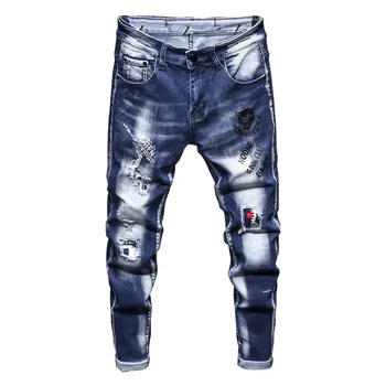 

MORUANCLE Mens Hi Street Ripped Jeans Pants Printed Destroyed Denim Trousers With Patches Torn Stretchy Jeans Washed Blue