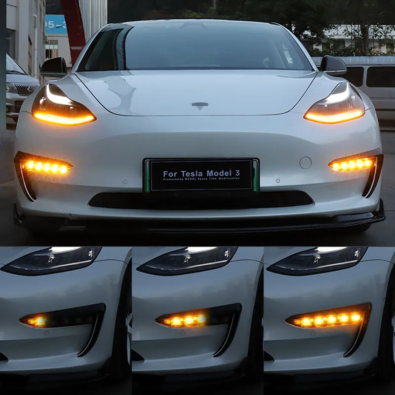 US $199.13 FCXvenle car Accessories for Tesla Model 3 2019 2020 LED Daytime Running Light Front Fog Light Flowing Turn Signal Assembly
