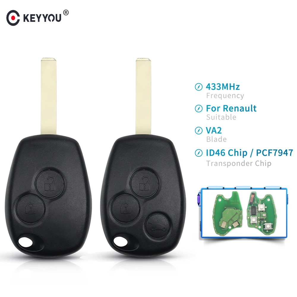 Брелок KEYYOU с 2 кнопками без ключа 433 МГц чипом PCF7947 для Renault Clio Kangoo Master Modus Twingo|Ключ