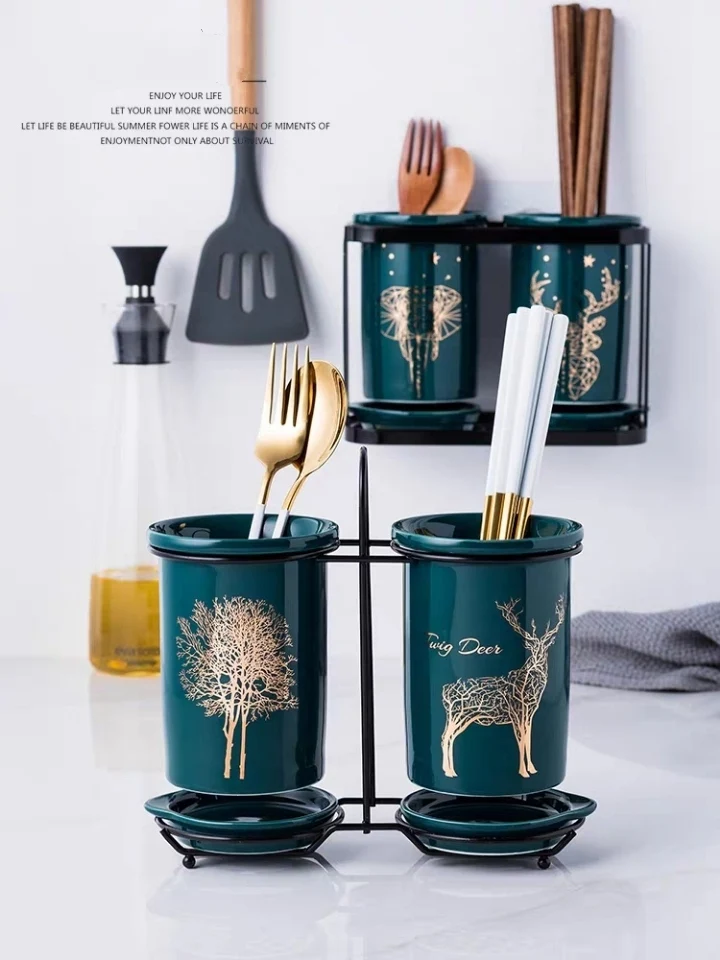 Kitchen Storage Box Ceramic Chopsticks Tube Drain Rack Spoon Bucket Knife Fork Tableware Holder Racks Kitchen Utensil Holder