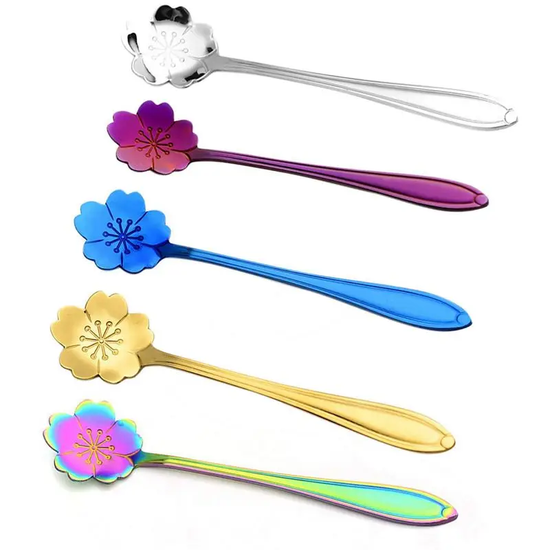 

New 5 PCS Assorted Colors Cherry Flower Spoon Set Stainless Steel Coffee Tea Mixing Spoon Teaspoon Sugar Yogurt Spoon