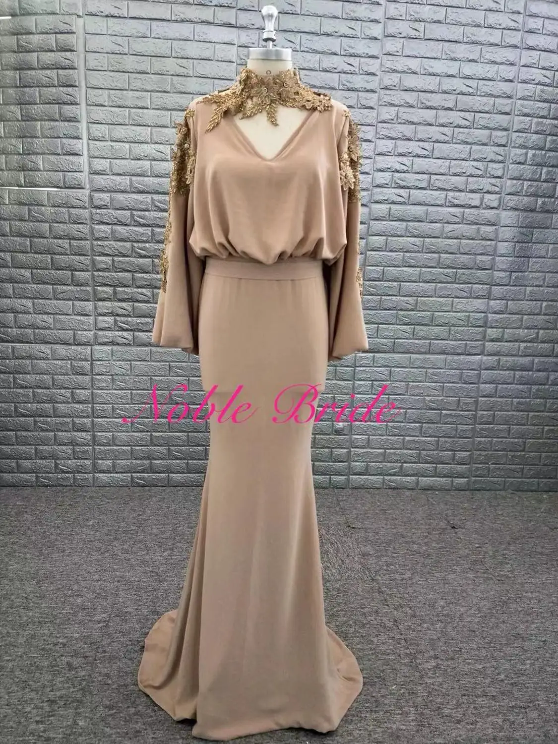 Robe De Soiree Арабский Русалка Вечерние платья Длинные рукава с высоким вырезом жемчугом элегантные кружевные Выпускные платья для женщин - Цвет: Шампанское
