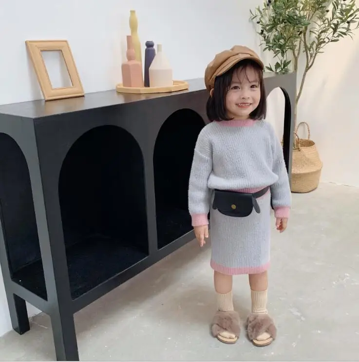Г. Корейский стиль, комплект из 2 предметов для девочек, вязаный свитер+ юбка зимние хлопковые модные костюмы для девочек от 2 до 7 лет, PZ930