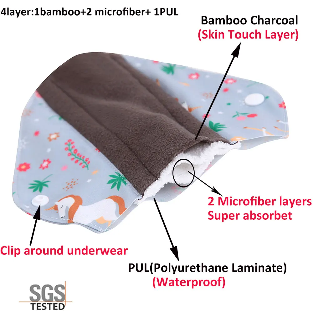 4PCS Reusable Sanitary Pads Washable Women Cloth Menstrual Pads Organic Bamboo Absorbent Cotton Feminine Sanitary Napkins Pads