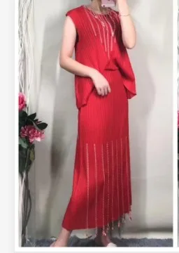 ; Miyake fold; модная футболка без рукавов с круглым вырезом+ Однотонная юбка; костюм из двух предметов с кисточками - Цвет: Красный