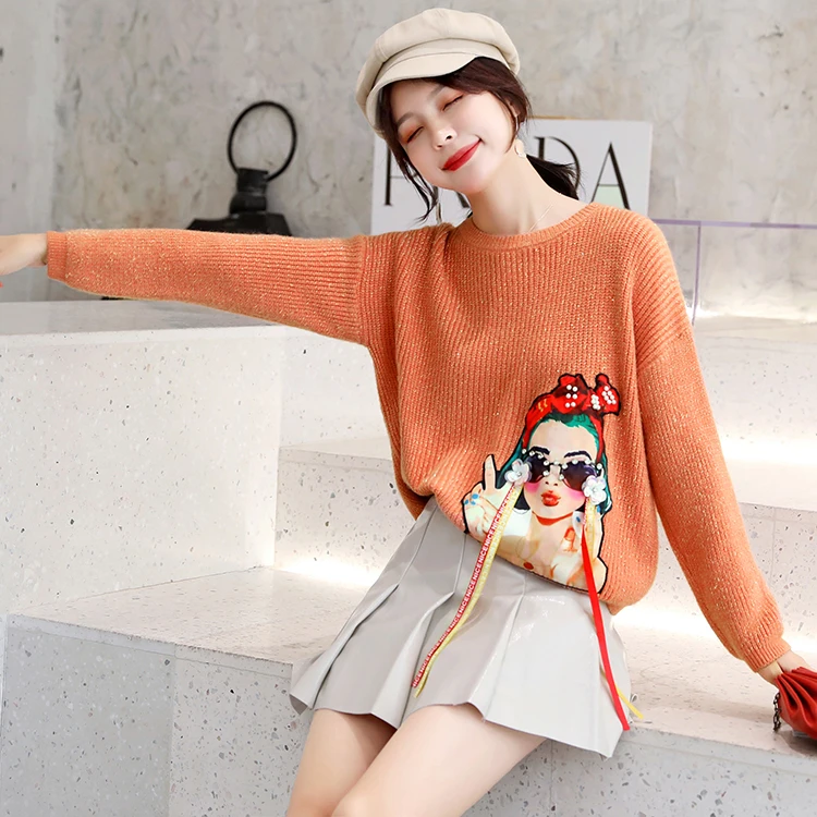 Женская одежда, свободные комплекты, корейский топ, Осень-зима, милый свитер, пуловер с рисунком Аватара, вязаные свитера для молодых девушек 600B60