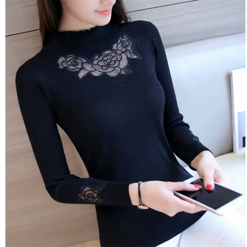 

Autumn Winter Solid Half Turtleneck Pullovers Sweaters Women Spring Sexy Black Embroidery Lace Knitted Slim Sweater Female Top