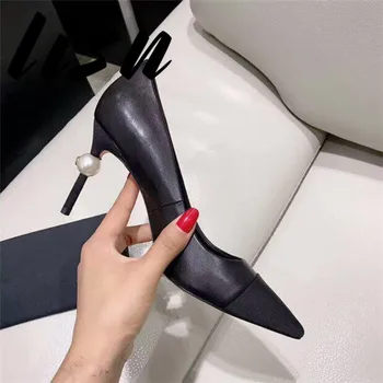 

Prowow New High QualityGenuine Leather Pearl Spring Summer Pumps Sexy Pointed Toe High Heel Pumps Shoes Women