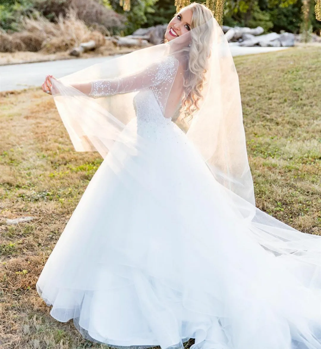 

Elegant Long O-Neck Beaded Tulle Wedding Dresses with Sleeves A-Line Button Back Robes De Mariée Bridal Gown For Women