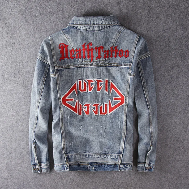 KIMSERE Мужская мода джинсы с вышивкой куртки Марка NEW fashion Hi Street рваные джинсовая