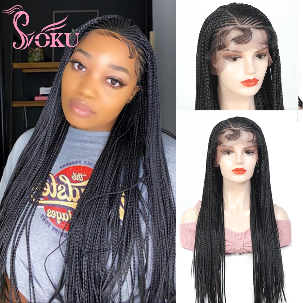 Photo Product 13x6 Lace Frontal Braided Wig Lace Front Wig with Baby Hair For African Black Women 28 Inches SOKU Box Braids Synthetic Wig