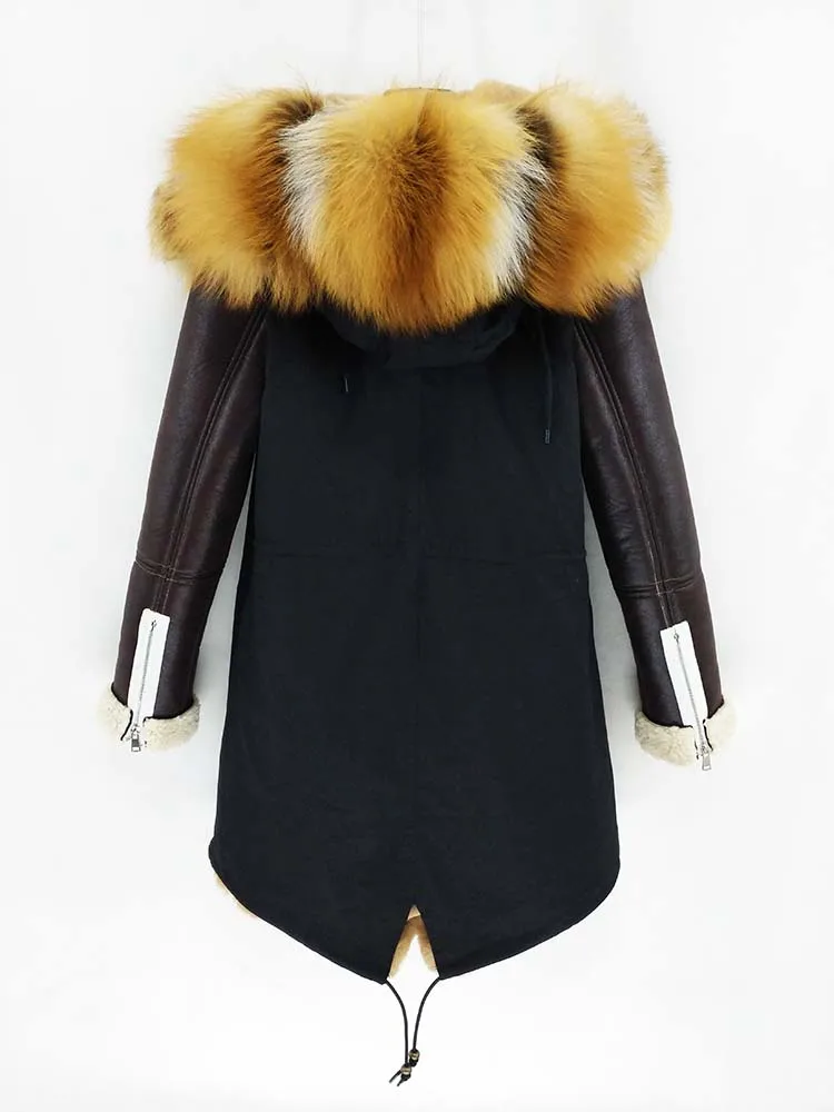 Женская длинная парка OFTBUY, с рукавами из искусственной кожи и натуральным мехом на воротнике и капюшоне, теплая зимняя куртка, уличная одежда