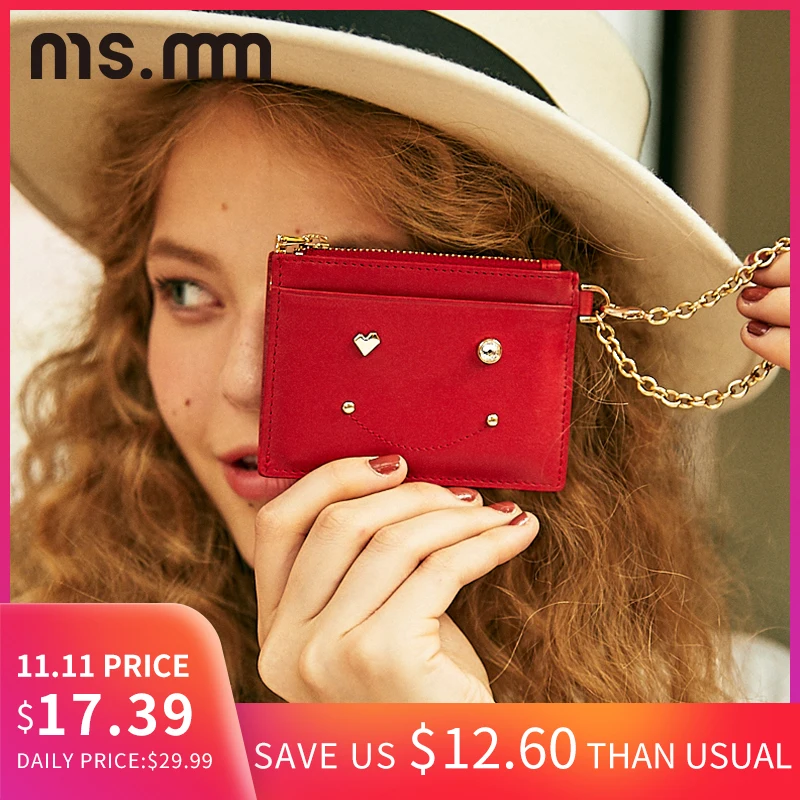

MS.MM Genuine Leather Diamond Card Wallet Fashion Card Holder with Chain Mini Coin Purse Organizer Ladies Purse Women Wallet