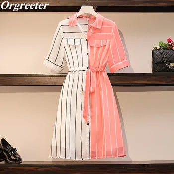 

Summer Dress Female 2020 New Fashion Design Short sleeve Color Patchwork Striped Chiffon Dress Adjustable Waist Thin Shirt Dress