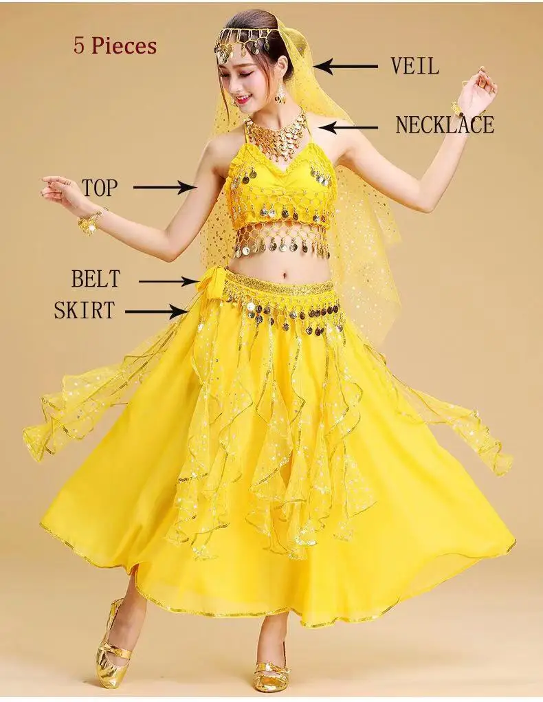 YELLOW 5 Pieces Болливуд набор костюма для танца живота Индийский танец сари танец живота юбка костюм женский шифон 5 шт.(головные уборы вуаль Топ Пояс юбка - Цвет: YELLOW 5 Pieces