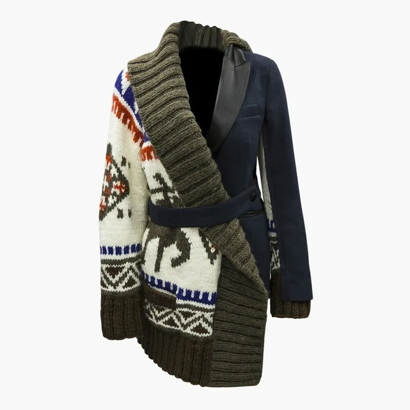 

2019 New Autumn Winter Lapel Long Sleeve Dark Blue Hit Color Pattern Printed Knitting Irregular Jacket Cwomen C888