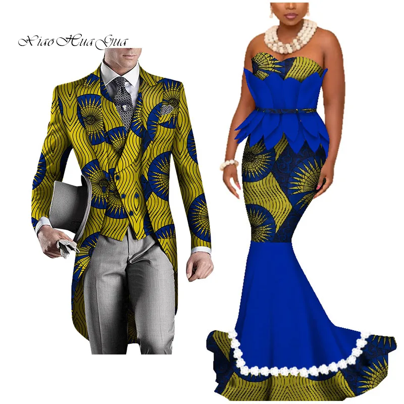 Dashiki African Couple Clothing Women's Dress+Men's Blazer&Vest 3 Pieces Set African Mermaid Print Dresses for Couples WYQ425