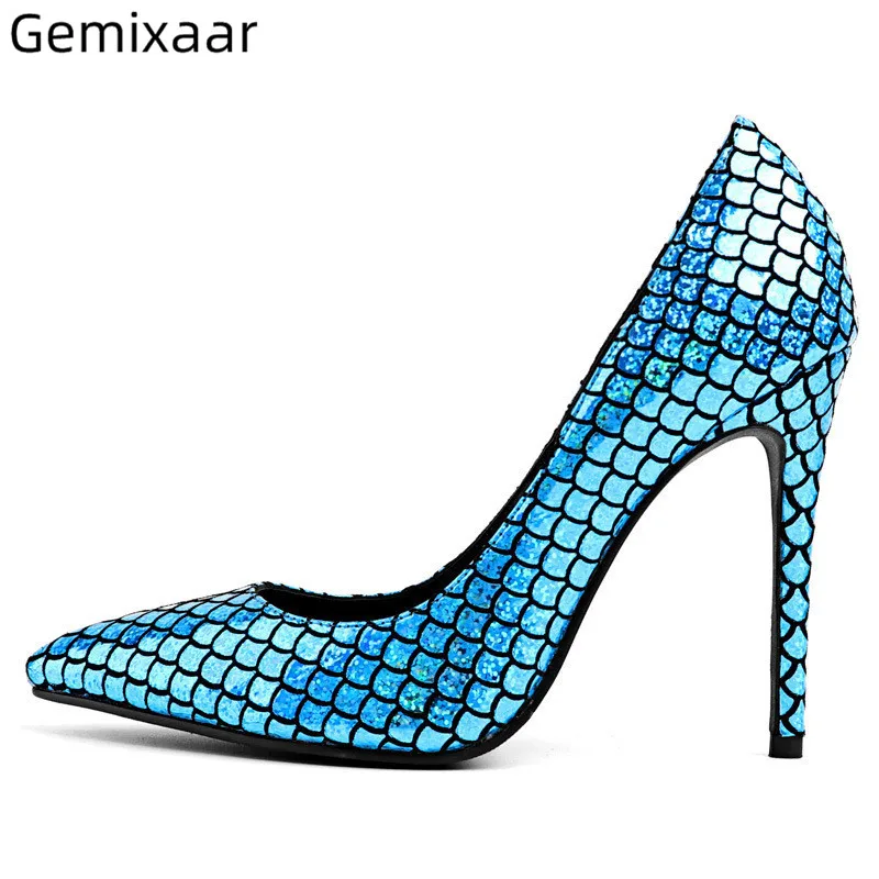 

Bling Blue Scale Pattern Shoes Women Point Toe Slim Shallow Super High Heel Zapatos Comfy Insole High Gladiator Heel Woman Pumps