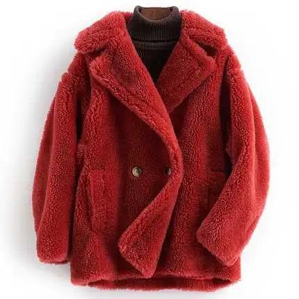 Женская одежда, натуральная шерсть, шуба, Осень-зима, меховые шубы для стрижки овец, Корейская винтажная куртка Abrigo Mujer ZL789 - Цвет: Red