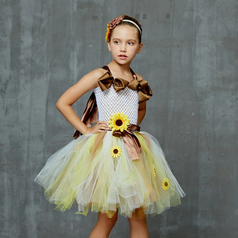 Sweet Sunshine Sunflower Tutu Dress with Matching Headband Flower Girl Bridal Birthday Pageant Costume Kids Autumn Dresses (1)