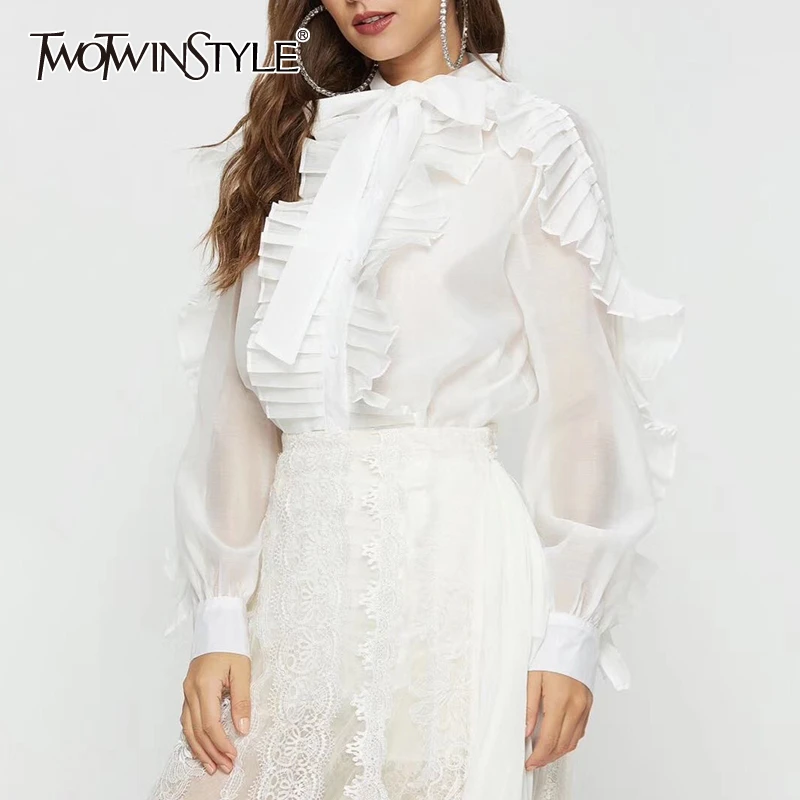 

TWOTWINSTYLE Ruffles Patchwork Women's Shirt Bow Collar Long Sleeve Perspective Summer Casual Blouses Female 2019 Fashion New