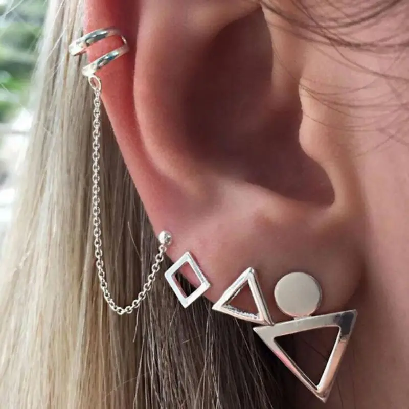 

4 Pieces/Set Geometric Stud Earrings Set Hollow Triangle Square Earring For Women Double Circle Chain Ear Clip Eardrop Jewelry