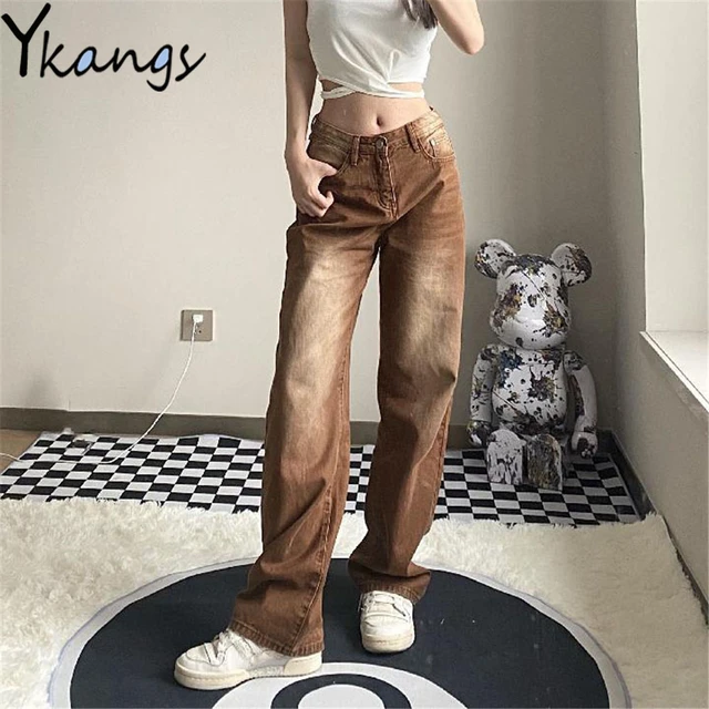 Kredsløb Stratford på Avon browser Plus Size Brown Distressed Desigual Oversized Wide Leg Denim Pants Women  Baggy Whiten Jeans Trendy Hip Hop Harajuku Y2k Trousers - Jeans - AliExpress